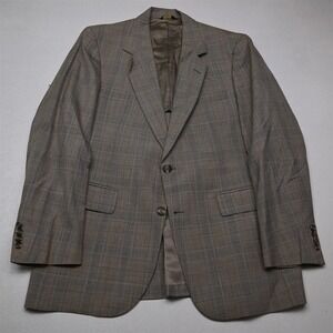 Vtg USA 40R Tan Bown Windowpane Check Wool Mens Blazer Jacket Sport Coat